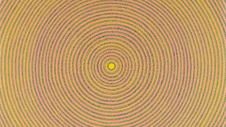 Image of artwork with yellow and darker concentric patterned circles 